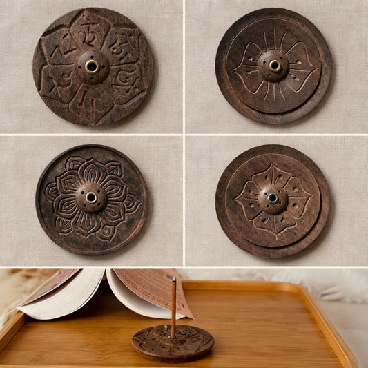 Lhasa Remedy wooden round mandala incense holder 4 carved design variants Tibetan script lotus spiral bamboo tray