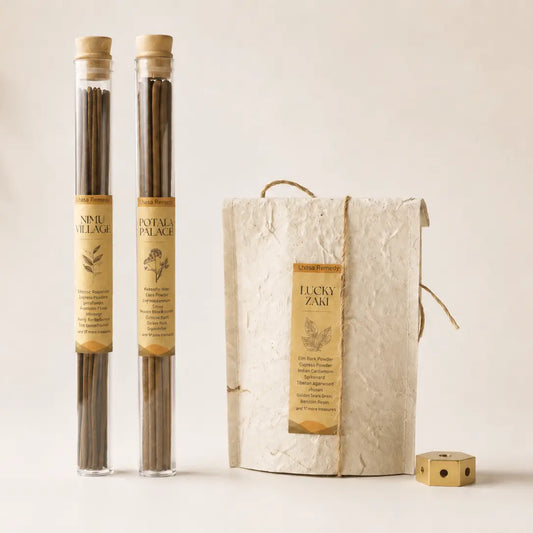 Lhasa Remedy Zen Groove Tibetan incense whats inside Chomo Lung Snow 12 sticks Sera Serene 15 cones brass holder