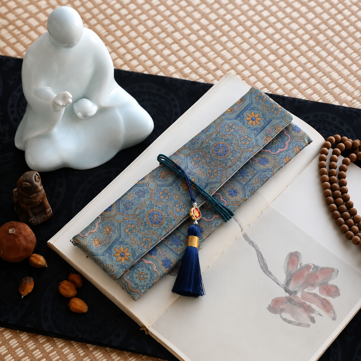 Slate blue silk incense carry pouch with ornate ruyi court brocade pattern, teal cord, and a deep blue tassel with gold accent, placed on an open art book atop a dark cloth