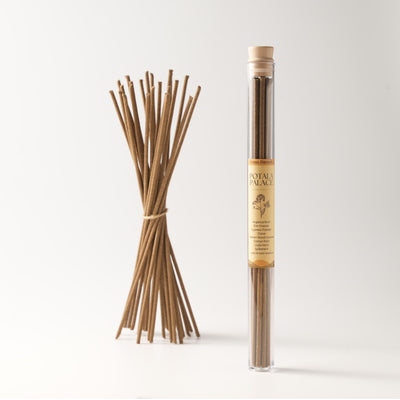 A bundle of Potala Palace Tibetan incense sticks tied with string, displayed next to a clear glass tube labeled with the product name, set against a clean white background.