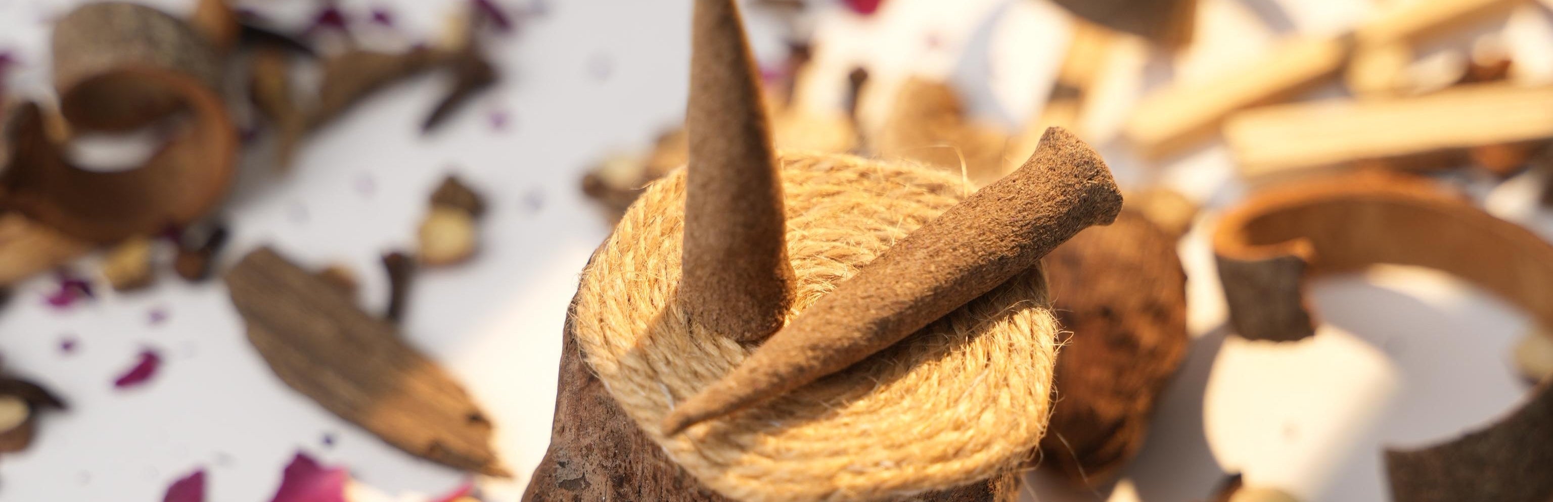 Close-up of two Sera Serene Tibetan incense cones resting on a rustic rope-and-wood incense holder, surrounded by traditional medicinal herbs and bark in warm natural sunlight. The composition highlights the earthy texture and handcrafted purity of the incense.