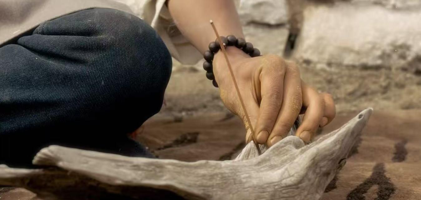Close-up of a hand placing a Tibetan incense stick into a driftwood holder during a traditional ritual.