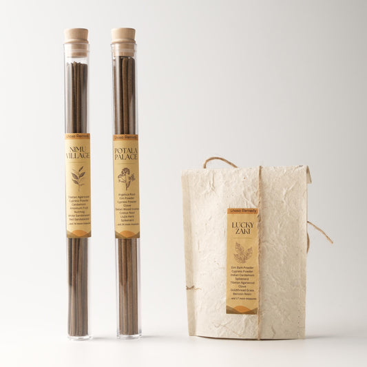 Zen Groove incense set by Lhasa Remedy, showcasing Nimu Village and Potala Palace stick incense in glass tubes alongside Lucky Zaki cone incense in a handmade paper pouch, all inspired by traditional Chinese medicine.