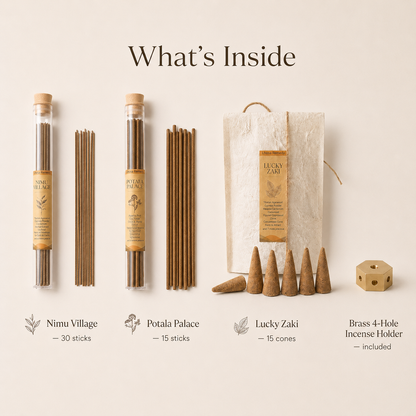 Zen Groove Meditation Incense Collection: Nimu Village Sticks & Potala Palace Sticks & Lucky Zaki Cones